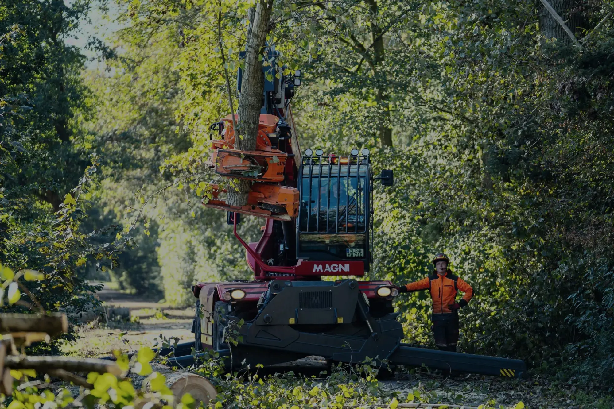 Magni Fällkran von Timmen im Einsatz an einem Waldweg