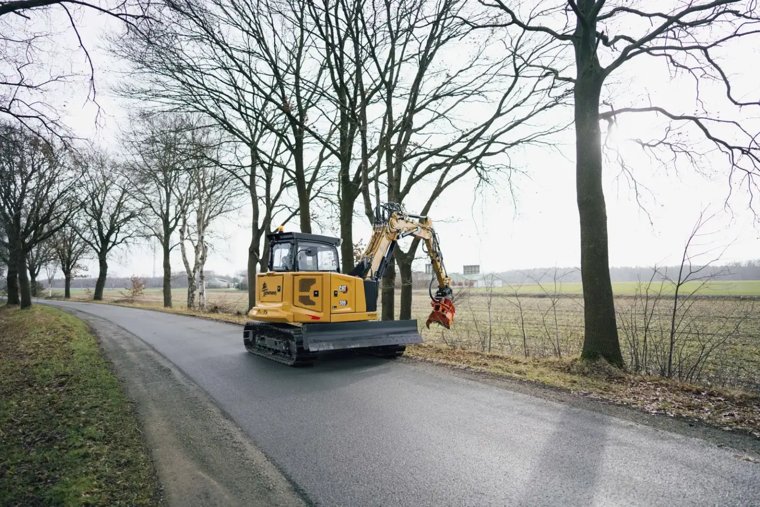 Kettenbagger mit Fällgreifer bei der Wegeseitenpflege